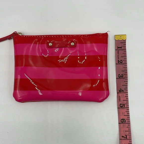 Kate Spade Patent Red and Hot Pink Striped Zip Small Wallet/Bag/Pouch 6" Wide - Picture 12 of 13